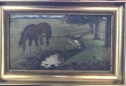 null Lauritz HOWE (1869-1945) Landscape with horse Oil on panel Signed lower right...