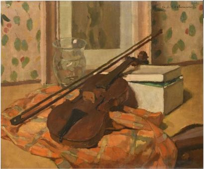 null Charles-Auguste EDELMANN (1879-1950) Nature morte au violon Huile sur panneau....