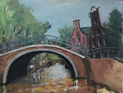null David SETFORD (1925-2010) Pont sur le canal à Amsterdam avec bicyclettes c....