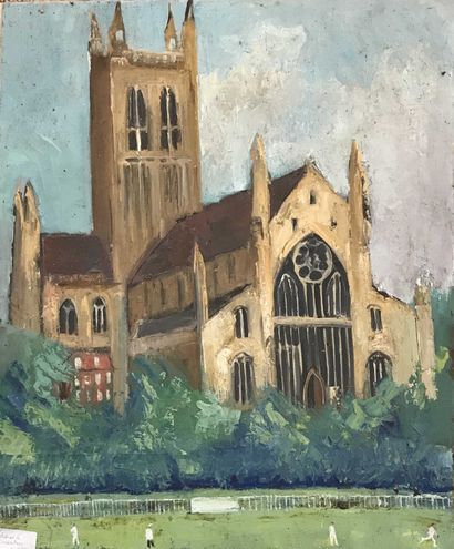 null David SETFORD (1925-2010) Cathedral and Cricketers c. 2000 Huile sur toile 61,5...
