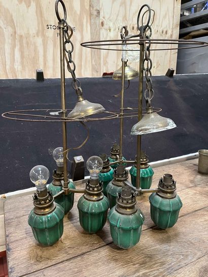 null Pair of candlesticks and two ceiling lights in brass and green glazed ceramic....