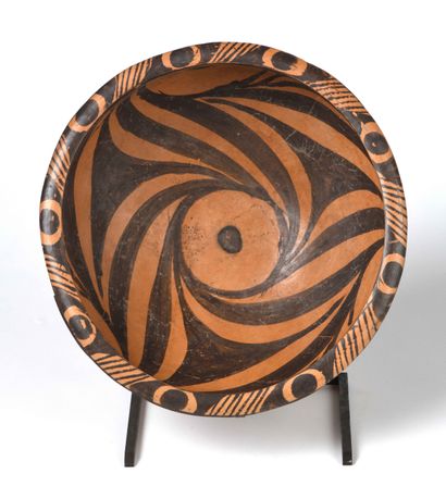null Terracotta dish, painted with geometric patterns.