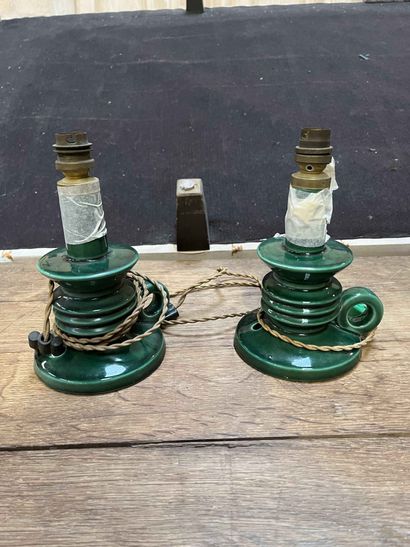 null Pair of candlesticks and two ceiling lights in brass and green glazed ceramic....