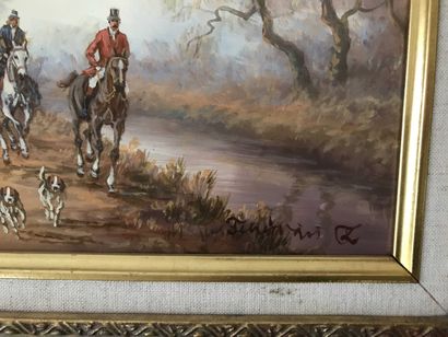 null School of the XXth century Chasse à courre Oil on panel signed lower right