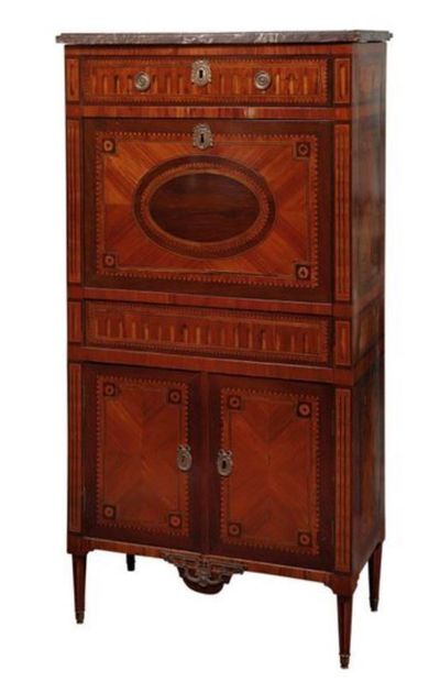 null Secretary with flap in veneer, the flap inlaid with a medallion, top of gray...