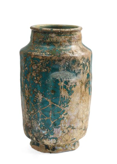 null Ceramic albarello with turquoise cracked glaze (glass leaves). Probably Persian...