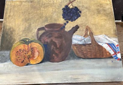 null School of the XXth century. Still life with squash. Oil on canvas, monogrammed...