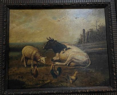 null The animals of the farm. Oil on panel, signed lower left.
