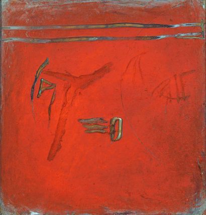 null Florence ROQUEPLO (Born in 1959) Red composition, 1999. Mixed media on canvas....