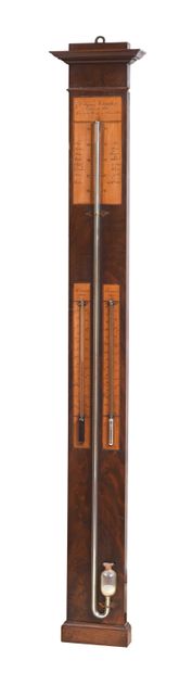 null Barometer thermometer in mahogany and light wood veneer with molded cornice,...