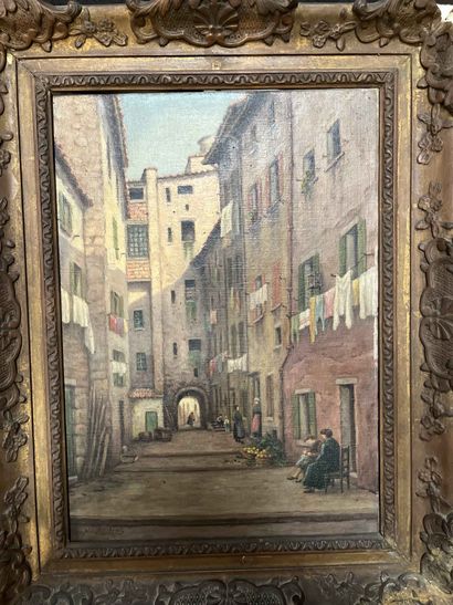 null School of the XXth century. City scene. Oil on canvas, signed lower left. 46...