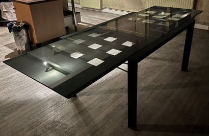 null Large modern glass and metal coffee table.