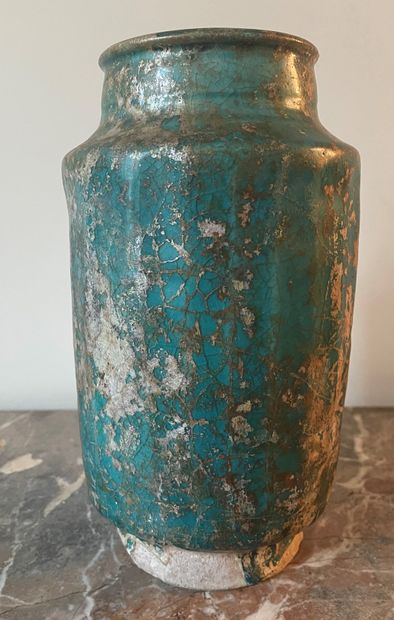 null Ceramic albarello with turquoise cracked glaze (glass leaves). Probably Persian...