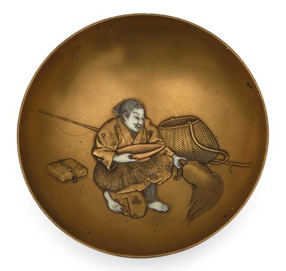 null Circular lacquer bowl decorated in relief with a fisherman seizing a turtle,...