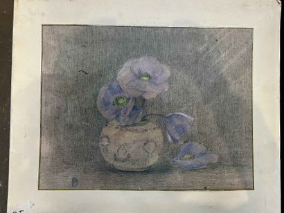 null Ecole du XXeme siecle. Bouquet de fleurs. Crayon de couleurs sur papier. Monogrammé...