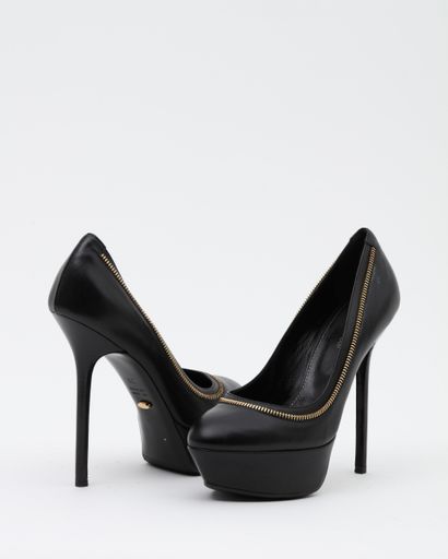 null SERGIO ROSSI : plateforme shoes en cuir noir, bouts ouverts, à décor d'un zip....