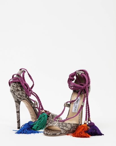 null JIMMY CHOO: Python-like leather sandals, purple leather straps held together...