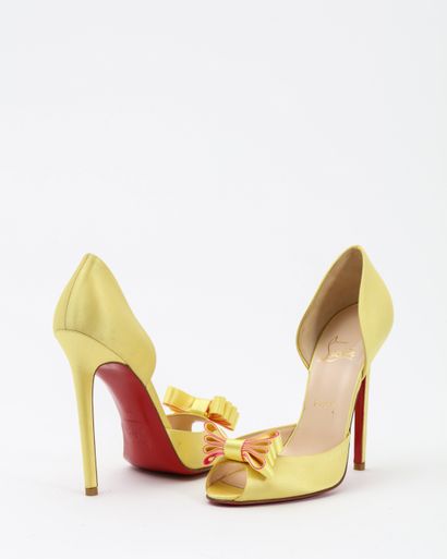 null Christian LOUBOUTIN : open pumps in leather and yellow silk decorated with a...
