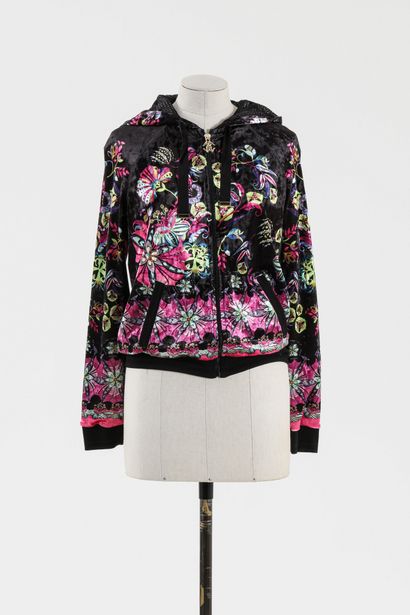 null ROBERTO CAVALLI Gym: black polyester sweatshirt with multicolored flowers on...