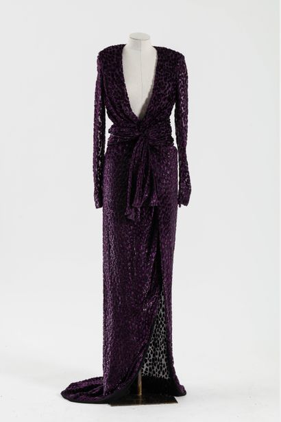 null REDEMPTION : robe longue de soirée en velours dévoré violet, décolleté croisé,...