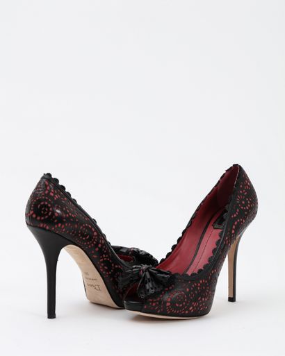 null Christian DIOR: black and pink lace-like leather open-toe pumps, leather bow...