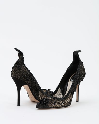 null 
 Christian DIOR: black leather pumps covered with lace and rhinestonesT. 38,5...