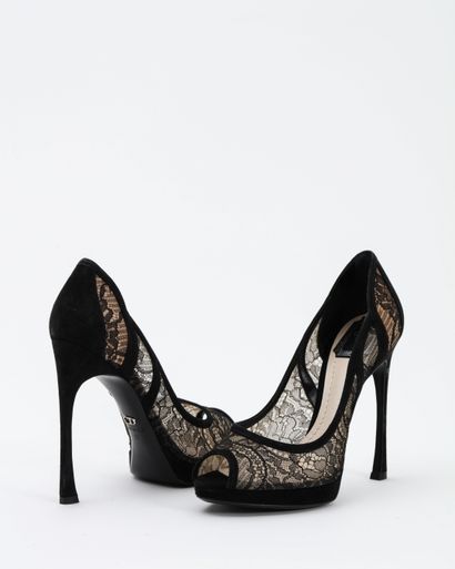 null Christian DIOR: open toe pumps in leather and black tulle lace. S. 39Ht Heel:...
