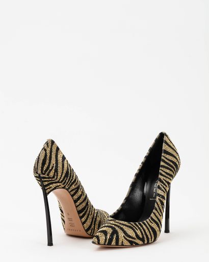 null CASADEI: Black leather and fabric zebra print pumps covered with Swarovski rhinestones...
