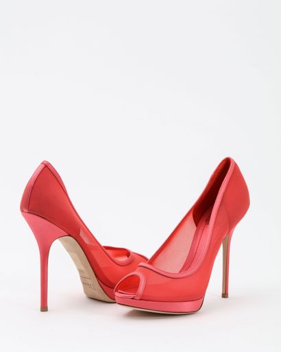 null Christian DIOR: open-toe pumps, leather and coral tulle platform. S. 39.5Ht...