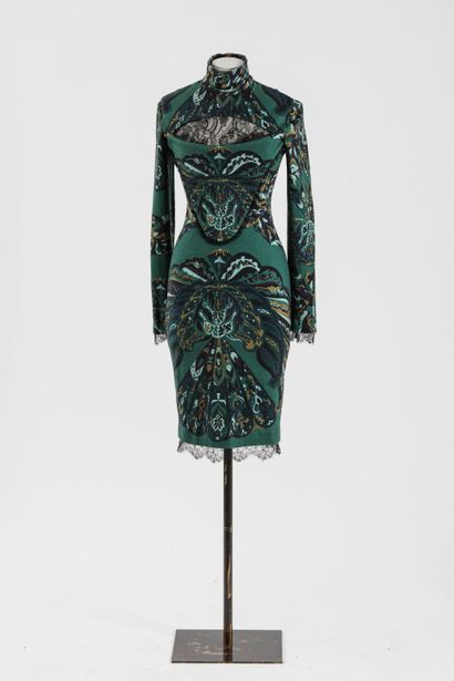 null EMILIO PUCCI : robe en laine verte à décor de motifs stylisés beige, noir, violet...