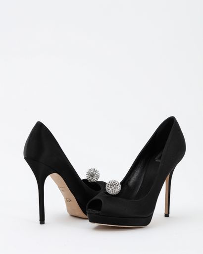 null Christian DIOR: black silk-covered leather platform pumps, decorated with an...