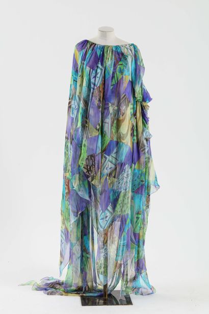 null EMILIO PUCCI : robe de soirée en soie transparente à motifs stylisés bleu, vert,...