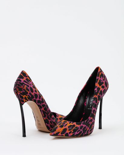 null CASADEI: black leather and fabric panther print pumps, covered with Swarovski...
