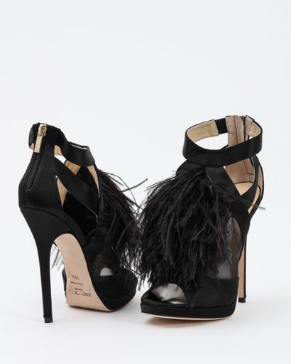 null JIMMY CHOO: leather sandals covered with black silk, embellished on the front...