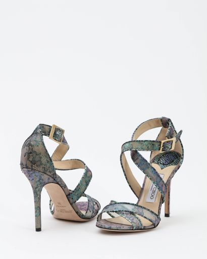 null JIMMY CHOO: Green iridescent leather and lace sandals, buckle closure on the...