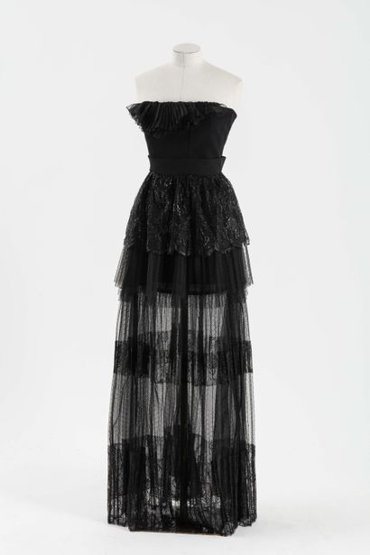 null CHLOE : robe longue en polyester noir, buste ourlé d'un volant plissé, jupe...