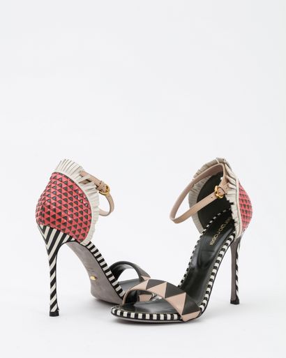 null SERGIO ROSSI: black white and beige leather sandals, and coral, buckle closure...