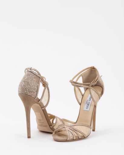 null JIMMY CHOO: cream and gold lace and leather stilettos, ankle ties. Very good...