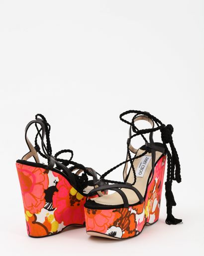 null JIMMY CHOO : plateforme shoes en cuir et tissu à motifs de fleurs jaunes, oranges...