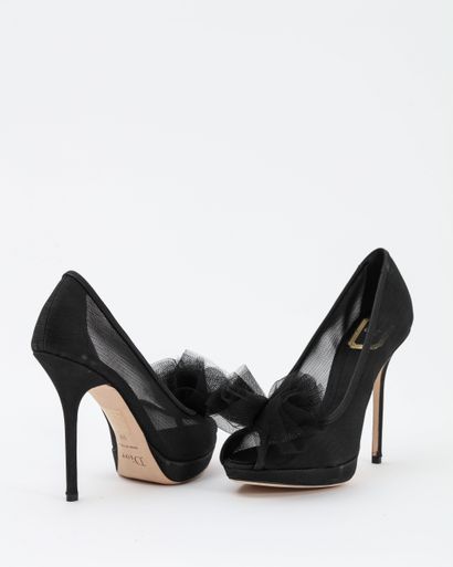 null Christian DIOR: black leather and gauze open-toe pumps, decorated with a knot...