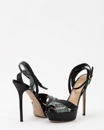 null SERGIO ROSSI: black and green leather sandals in a python style, closing with...