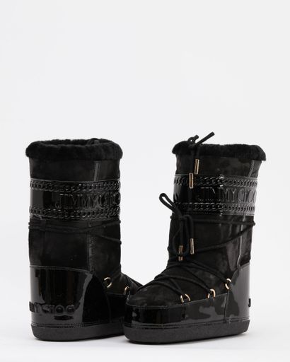 null JIMMY-CHOO : moon boots en daim et cuir vernis noir agrémentées d'un lacet,...