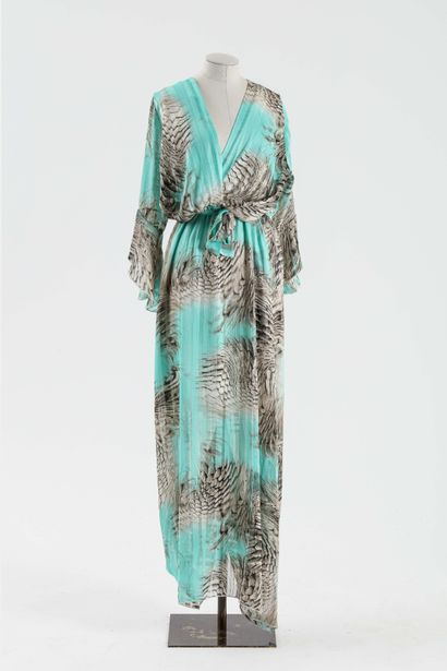 null AXARA - ETRO : robe longue en polyamide vert à décor de plumes grises, décolleté...
