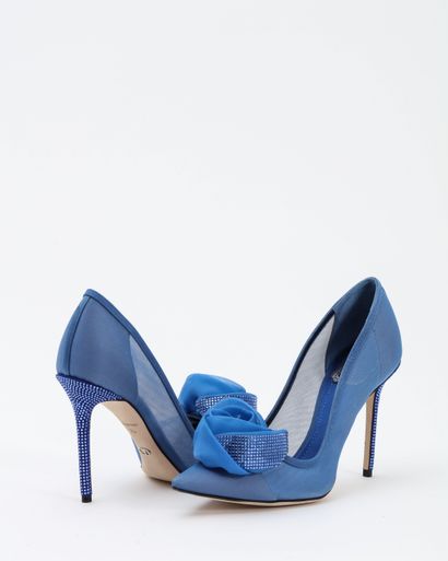 null 
	Christian DIOR: leather and blue silk pump decorated on the vamp with a rose...