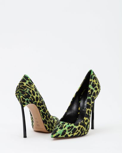 null CASADEI: Black leather and fabric panther print pumps covered with Swarovski...