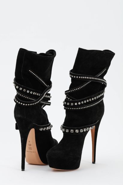 null CASADEI: black suede boots, decorated with straps studded with rhinestones,...
