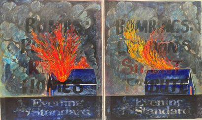 null Yorgos NIKAS (1954-2010) Lot of six drawings representing houses on fire. Mixed...