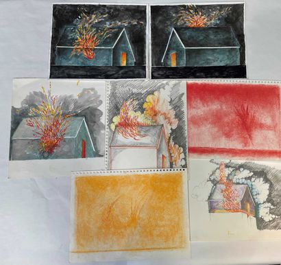 null Yorgos NIKAS (1954-2010) Lot of seven drawings representing houses on fire....