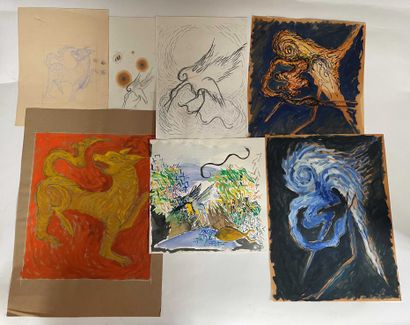 null Yorgos NIKAS (1954-2010) Seven drawings of mythological creatures Mixed media...