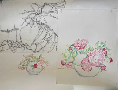 null Yorgos NIKAS (1954-2010) Set of nine studies of flowers and vases. Mixed media...